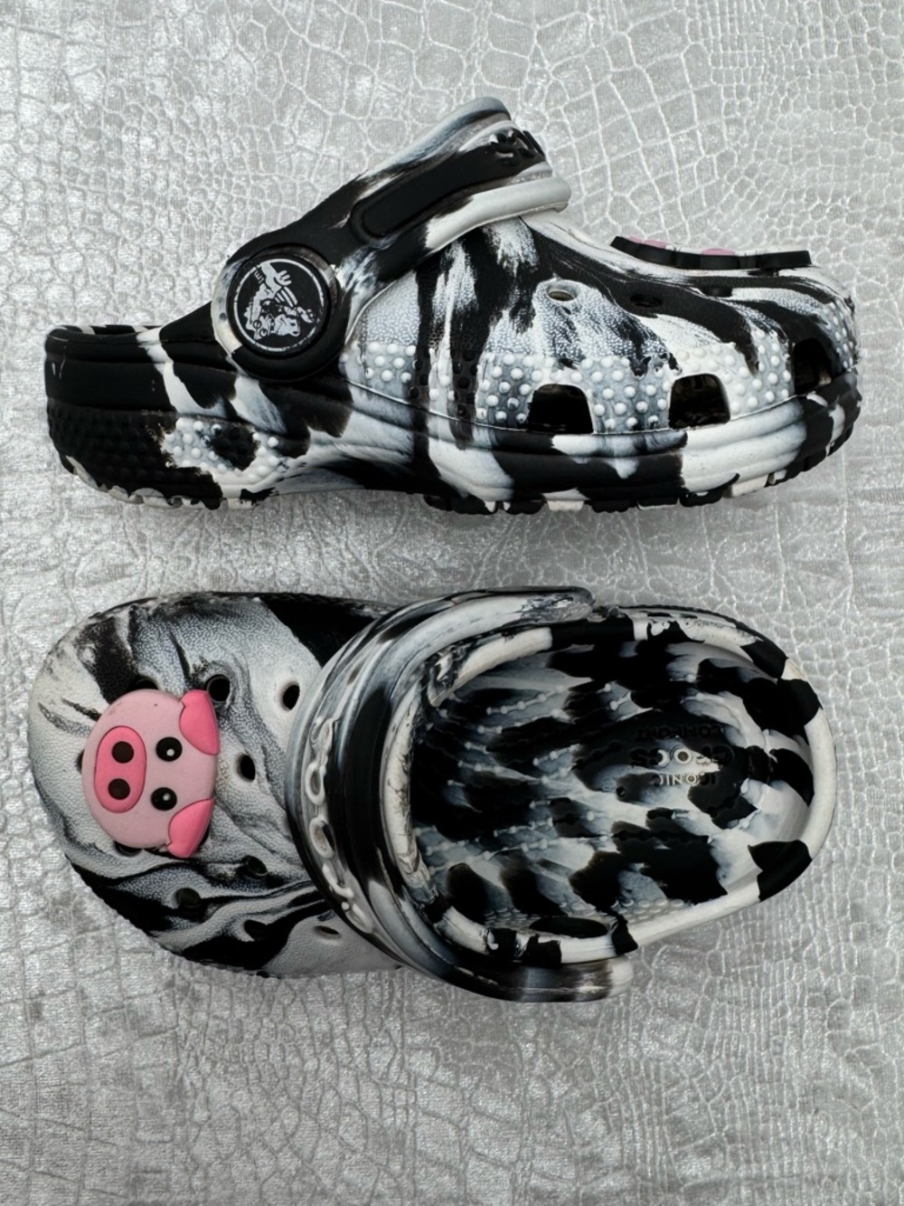 CROCS Black & White Marble Clogs with Jibbitz, Baby size 5